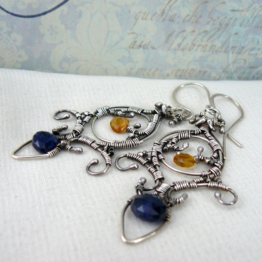 Dramatic Fleur de Lis Blue Kyanite and Citrine Wire Wrapped Sterling Silver Chandelier Earrings