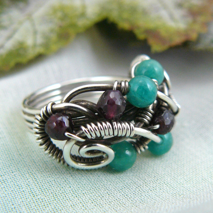 Wine in the Pines ~ Garnet and Russian Amazonite Wire Wrapped Sterling Silver Bead Ring