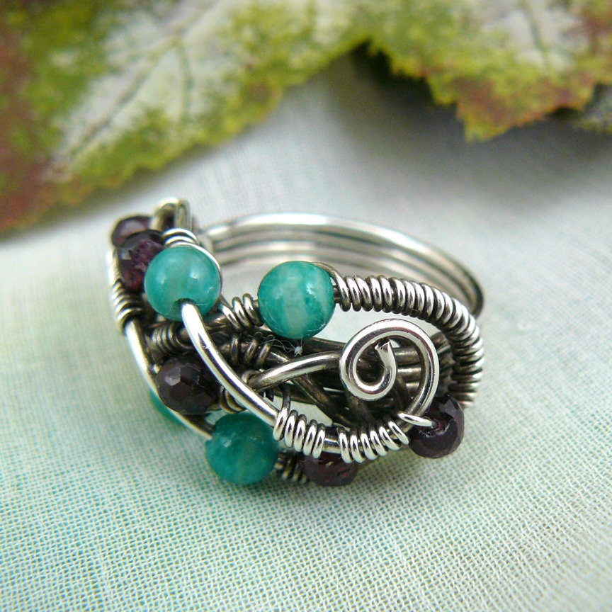 Wine in the Pines ~ Garnet and Russian Amazonite Wire Wrapped Sterling Silver Bead Ring