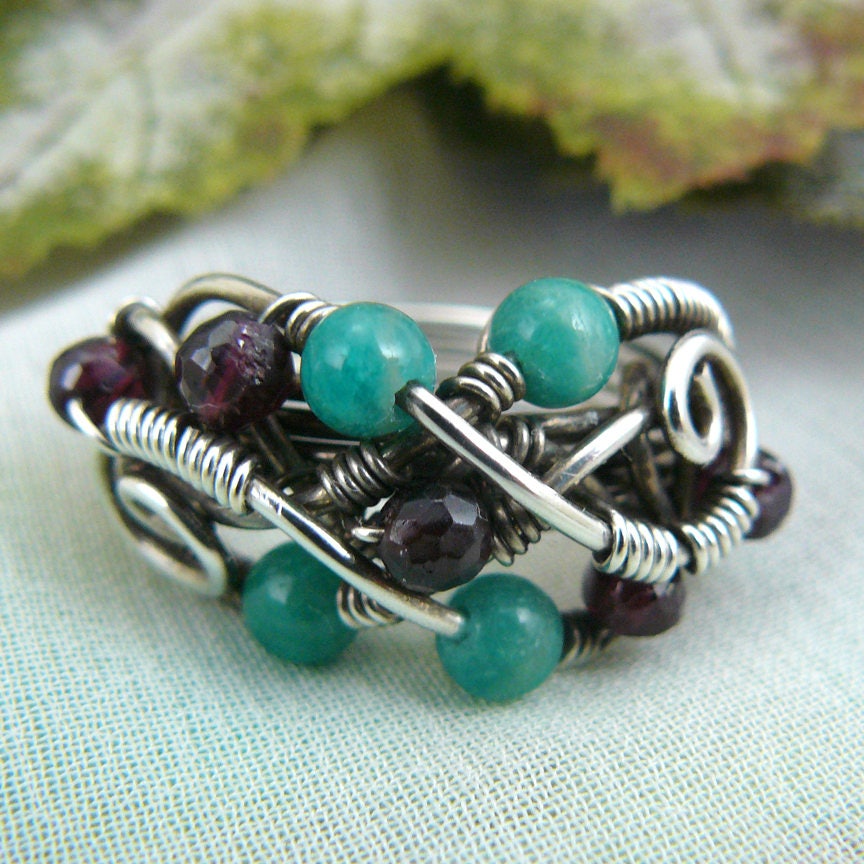 Wine in the Pines ~ Garnet and Russian Amazonite Wire Wrapped Sterling Silver Bead Ring