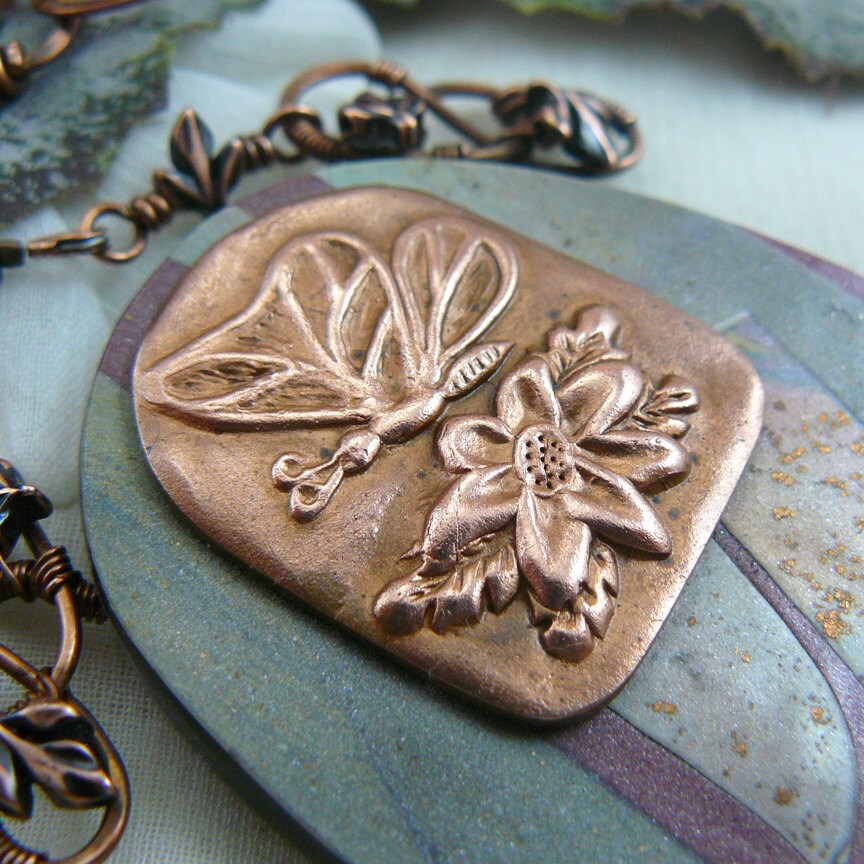 Earthy Copper Butterfly Emblem and Polymer Clay Shield Necklace