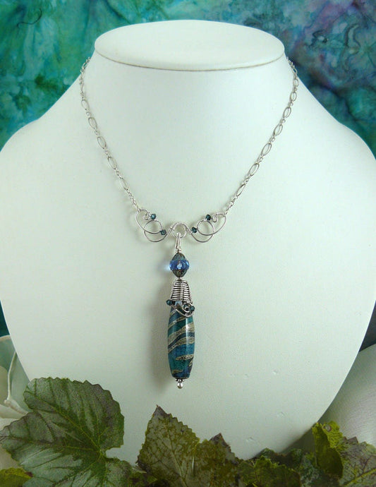 Lampwork Art Glass Fantasy Wire Wrapped Sterling Silver Festoon Necklace