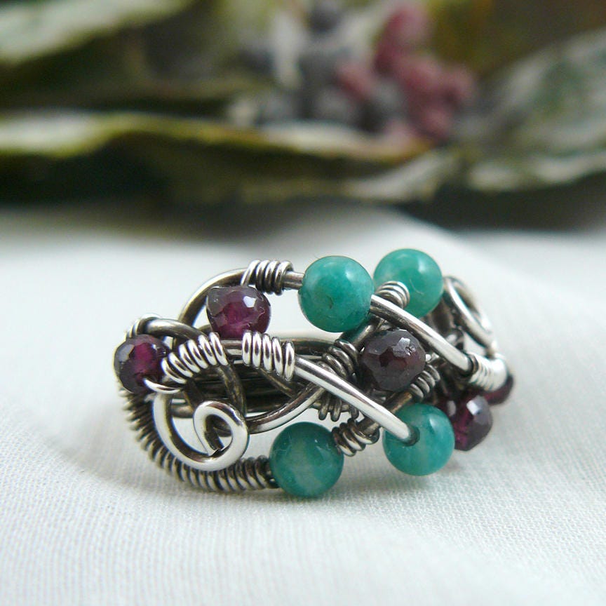 Wine in the Pines ~ Garnet and Russian Amazonite Wire Wrapped Sterling Silver Bead Ring