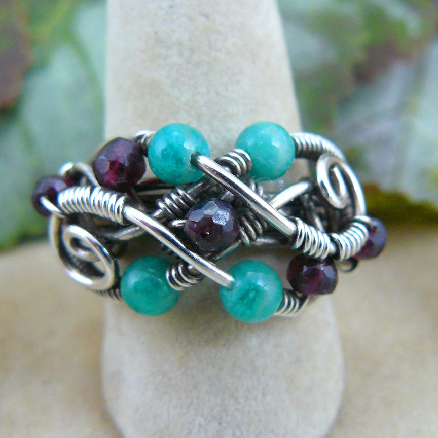 Wine in the Pines ~ Garnet and Russian Amazonite Wire Wrapped Sterling Silver Bead Ring