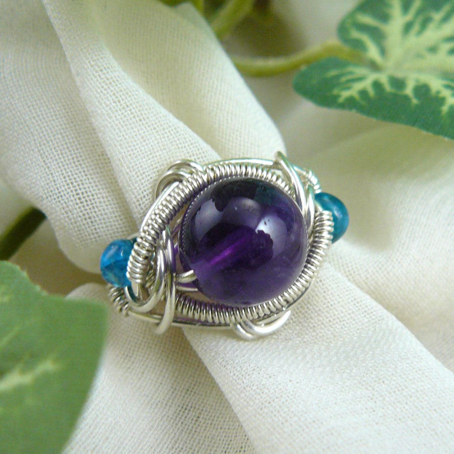 Amethyst Ring and Apatite Ring Wire Wrapped Sterling Silver Bead Ring ~ Size 7 1/4