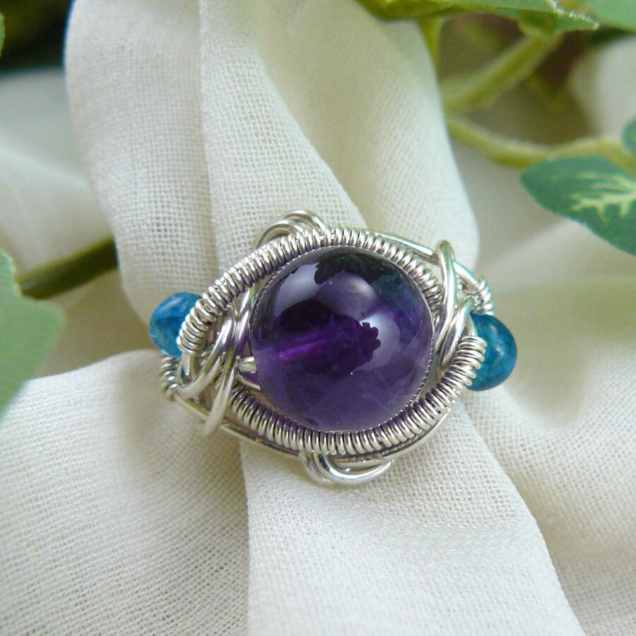 Amethyst Ring and Apatite Ring Wire Wrapped Sterling Silver Bead Ring ~ Size 7 1/4