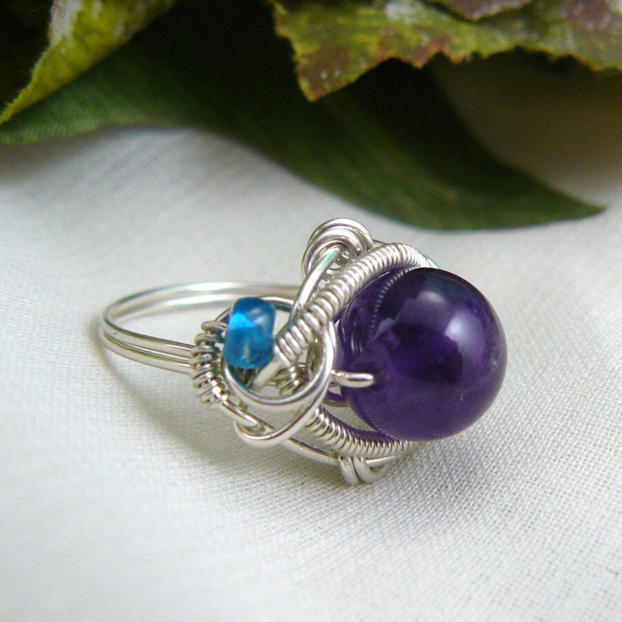 Amethyst Ring and Apatite Ring Wire Wrapped Sterling Silver Bead Ring ~ Size 7 1/4