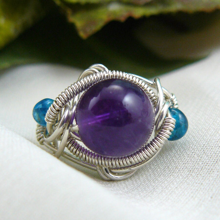 Amethyst Ring and Apatite Ring Wire Wrapped Sterling Silver Bead Ring ~ Size 7 1/4