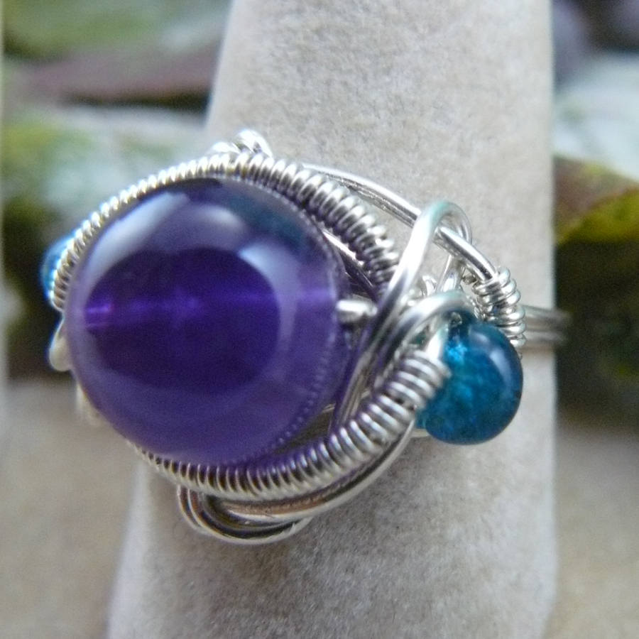 Amethyst Ring and Apatite Ring Wire Wrapped Sterling Silver Bead Ring ~ Size 7 1/4