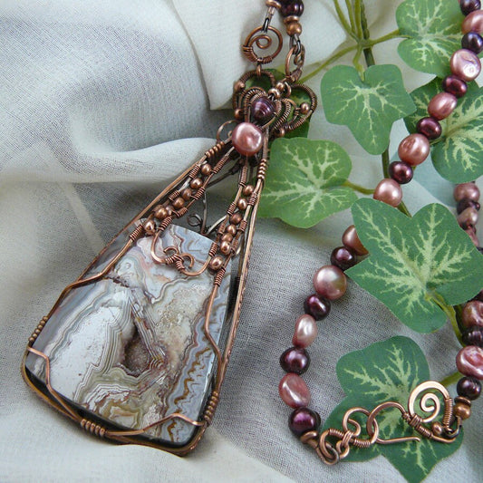 Autumn Pink Crazy Lace and Crystal Druzy Copper Wire Wrapped Agate Statement Pendant