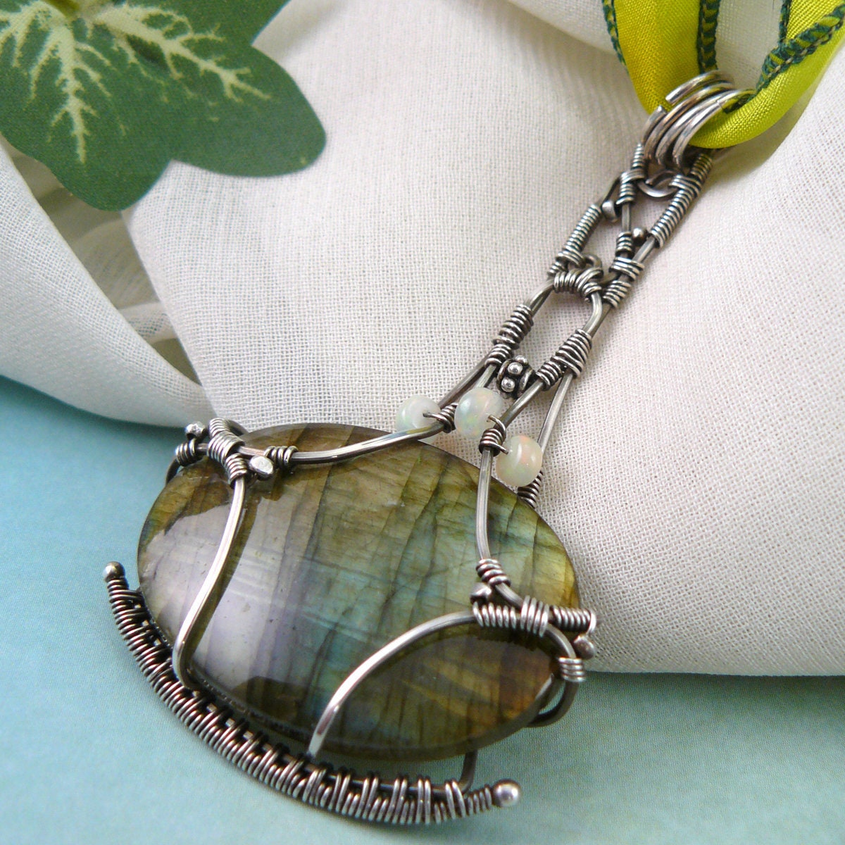 Mossy Lake Mirror ~ Green Labradorite Sterling Silver Wire Wrapped Oval Pendant