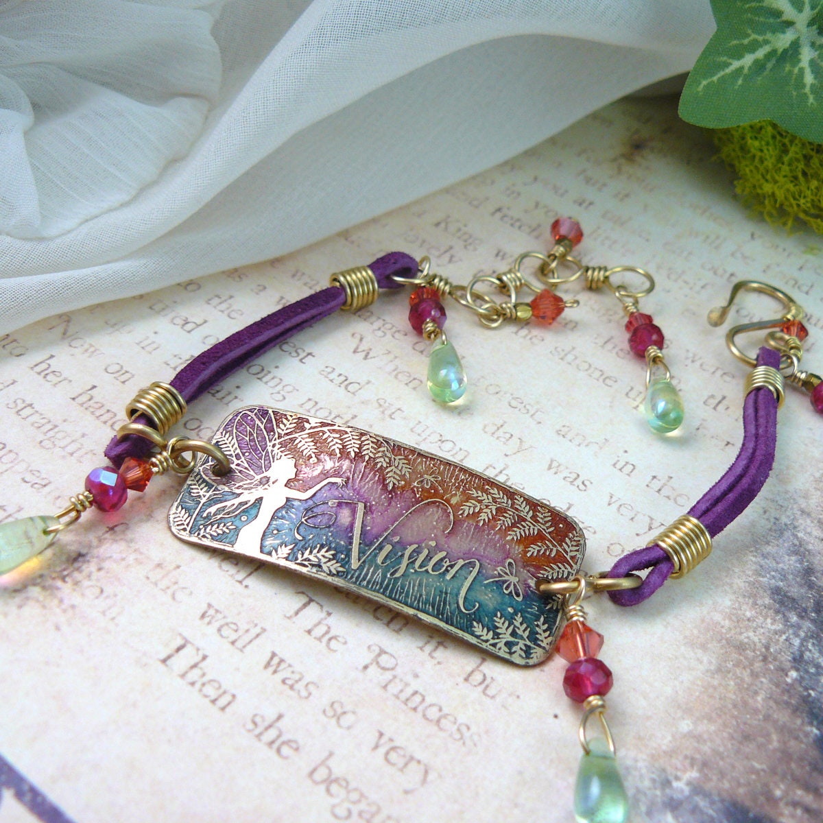 Fairy Vision Bracelet ~ Etched Metal Fairy Silhouette Art Beaded Bracelet