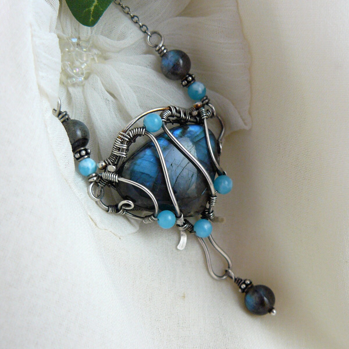 Fairy Tale Mirror Wire Wrapped Labradorite and Sterling Silver Pendant