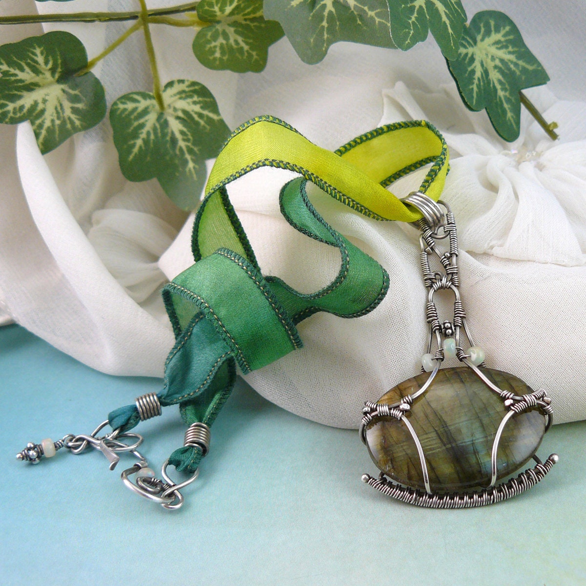 Mossy Lake Mirror ~ Green Labradorite Sterling Silver Wire Wrapped Oval Pendant