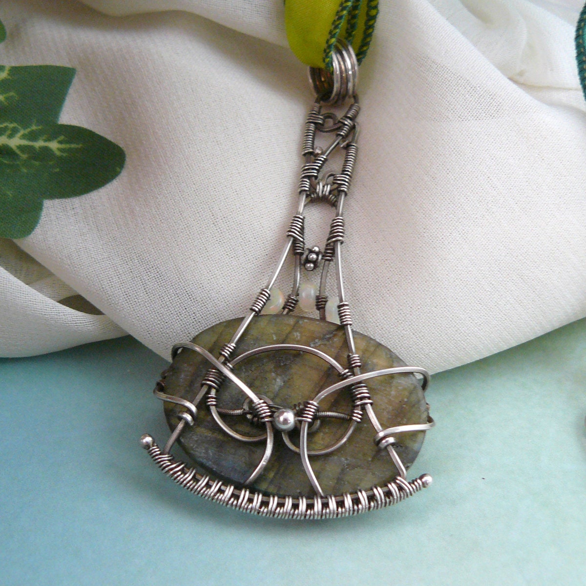 Mossy Lake Mirror ~ Green Labradorite Sterling Silver Wire Wrapped Oval Pendant