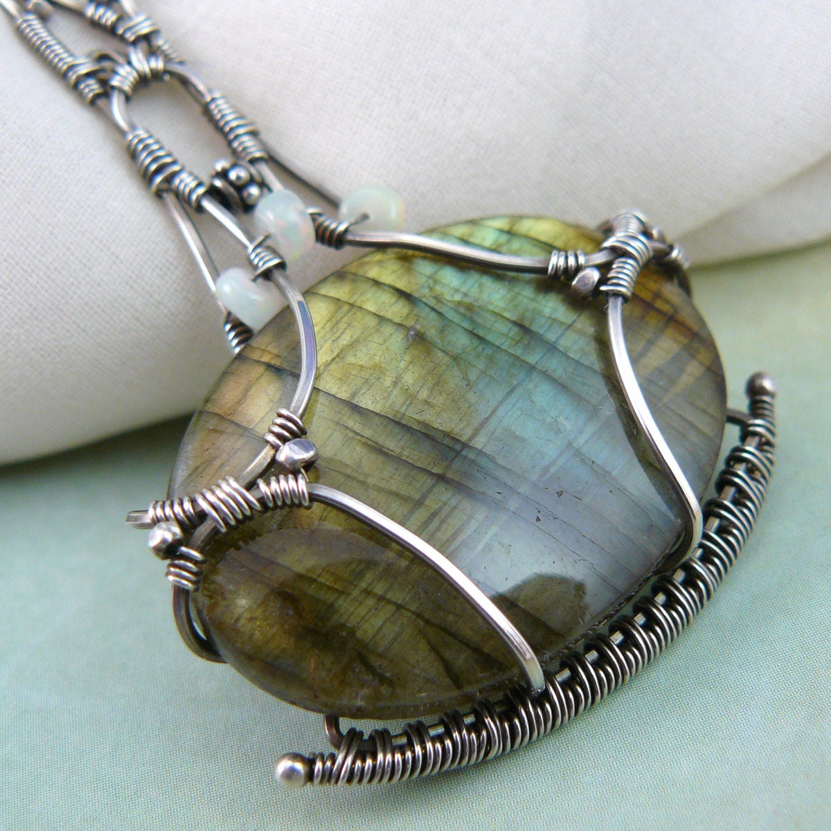 Mossy Lake Mirror ~ Green Labradorite Sterling Silver Wire Wrapped Oval Pendant