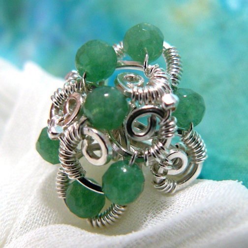 Green Jade and Sterling Silver Wire Wrapped Beaded Cluster Ring ~ Size 5