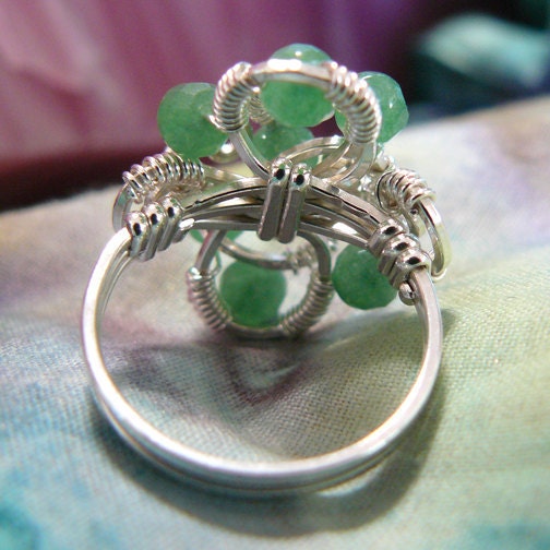 Green Jade and Sterling Silver Wire Wrapped Beaded Cluster Ring ~ Size 5