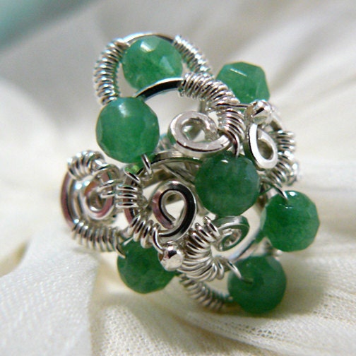 Green Jade and Sterling Silver Wire Wrapped Beaded Cluster Ring ~ Size 5