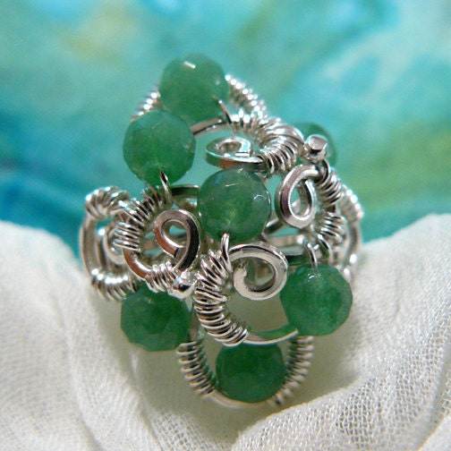 Green Jade and Sterling Silver Wire Wrapped Beaded Cluster Ring ~ Size 5