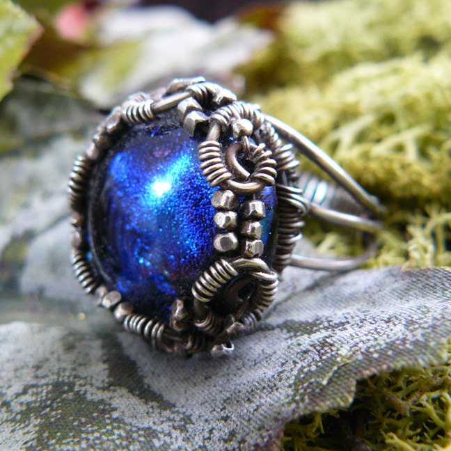 Electric Blue Dichroic Glass Cabochon Ring Wire Wrapped in Sterling Silver ~ Size 7