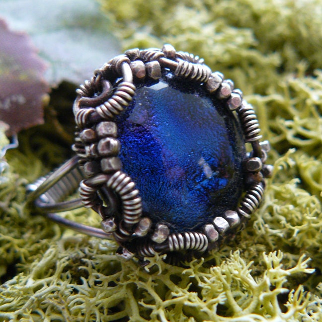 Electric Blue Dichroic Glass Cabochon Ring Wire Wrapped in Sterling Silver ~ Size 7