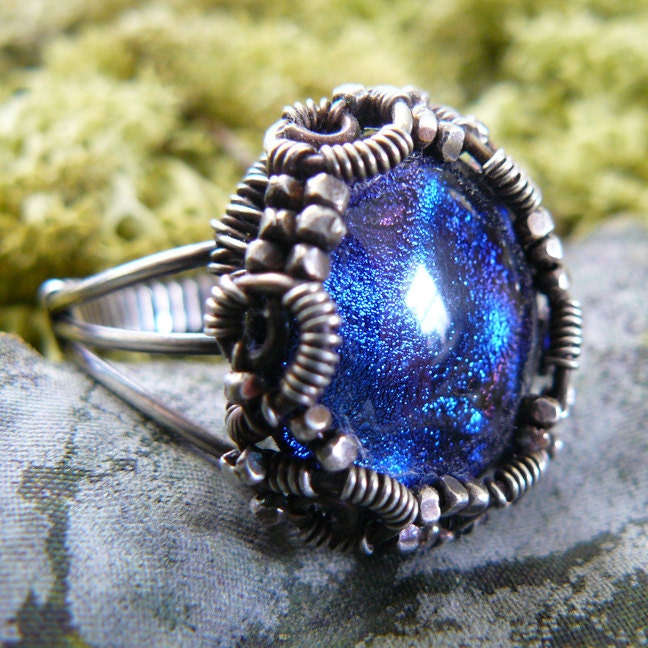 Electric Blue Dichroic Glass Cabochon Ring Wire Wrapped in Sterling Silver ~ Size 7