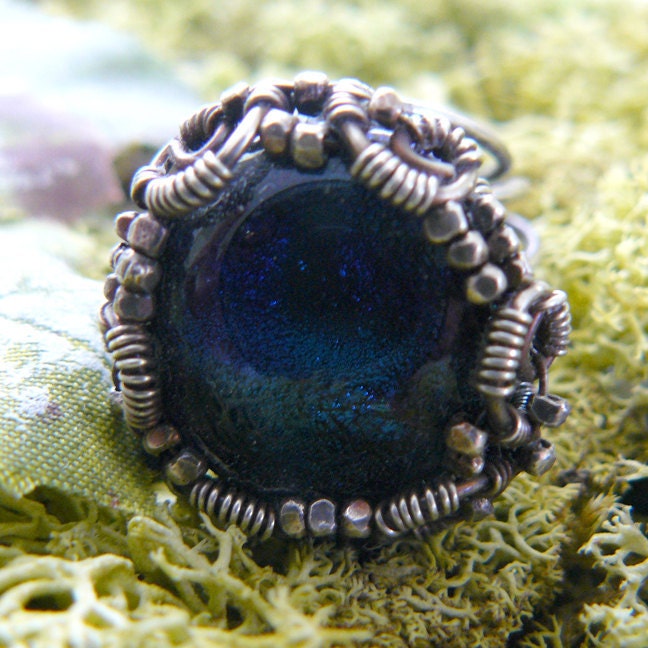 Electric Blue Dichroic Glass Cabochon Ring Wire Wrapped in Sterling Silver ~ Size 7