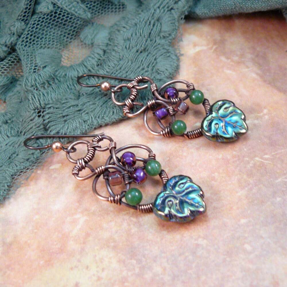 Celtic Knot Wire Sculpted Earrings with Czech Glass Leaves and Seed Beads