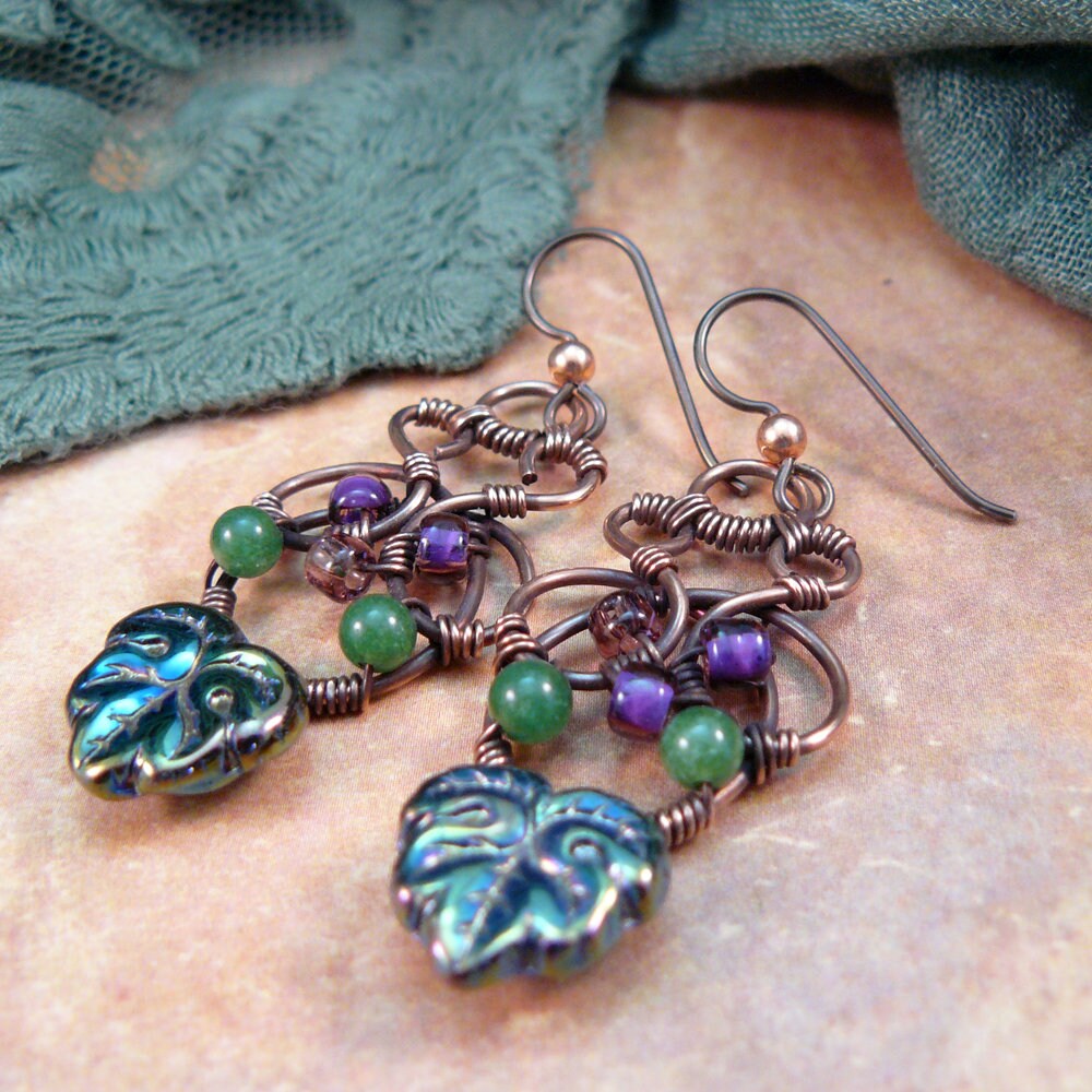 Celtic Knot Wire Sculpted Earrings with Czech Glass Leaves and Seed Beads