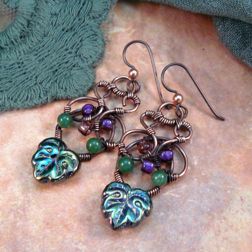 Celtic Knot Wire Sculpted Earrings with Czech Glass Leaves and Seed Beads