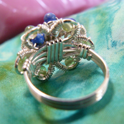 Lapis Lazuli and Peridot Wire Wrapped Beaded Cluster Ring ~ Size 5