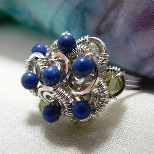 Lapis Lazuli and Peridot Wire Wrapped Beaded Cluster Ring ~ Size 5