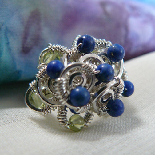 Lapis Lazuli and Peridot Wire Wrapped Beaded Cluster Ring ~ Size 5