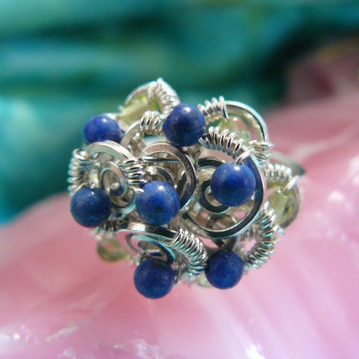 Lapis Lazuli and Peridot Wire Wrapped Beaded Cluster Ring ~ Size 5