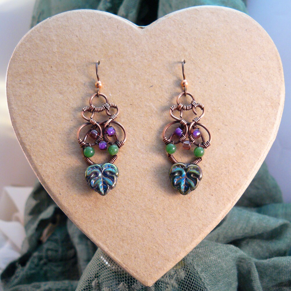 Celtic Knot Wire Sculpted Earrings with Czech Glass Leaves and Seed Beads