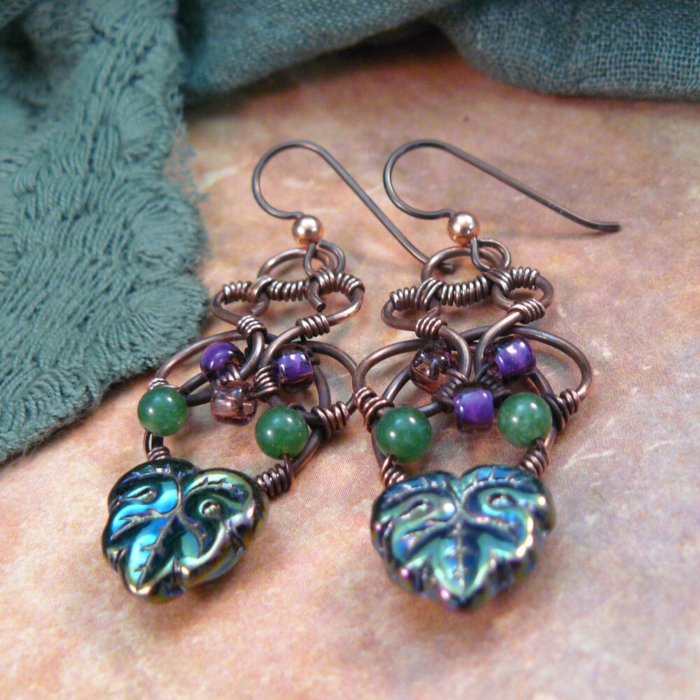 Celtic Knot Wire Sculpted Earrings with Czech Glass Leaves and Seed Beads