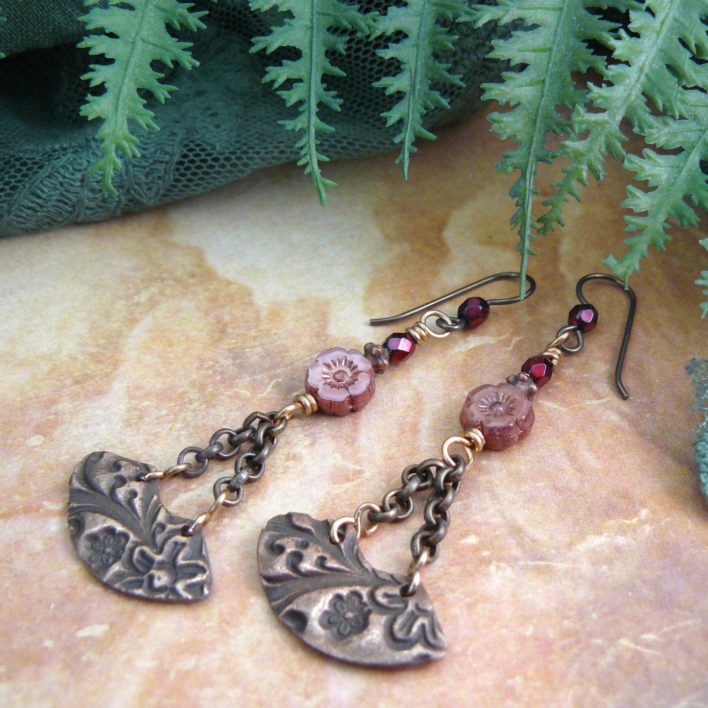 Cherry Blossom Fan Bronze Dangle Earrings