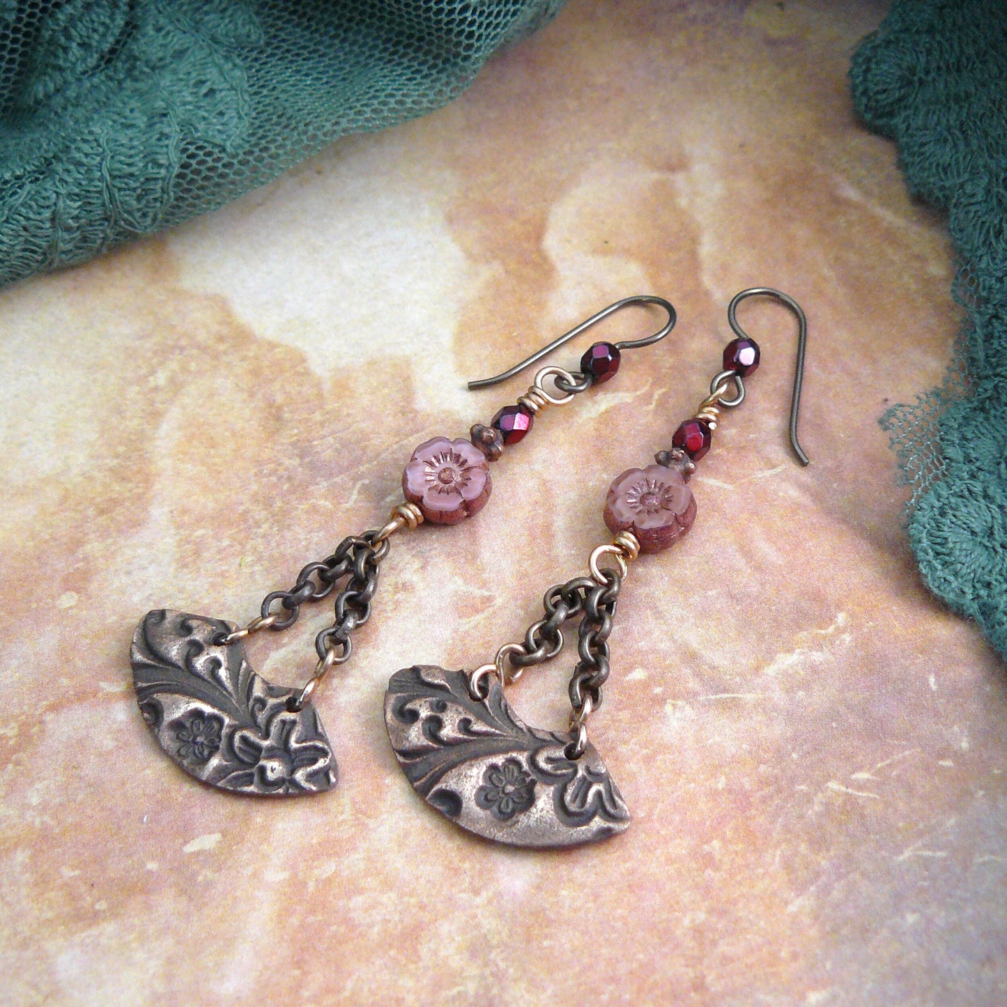 Cherry Blossom Fan Bronze Dangle Earrings