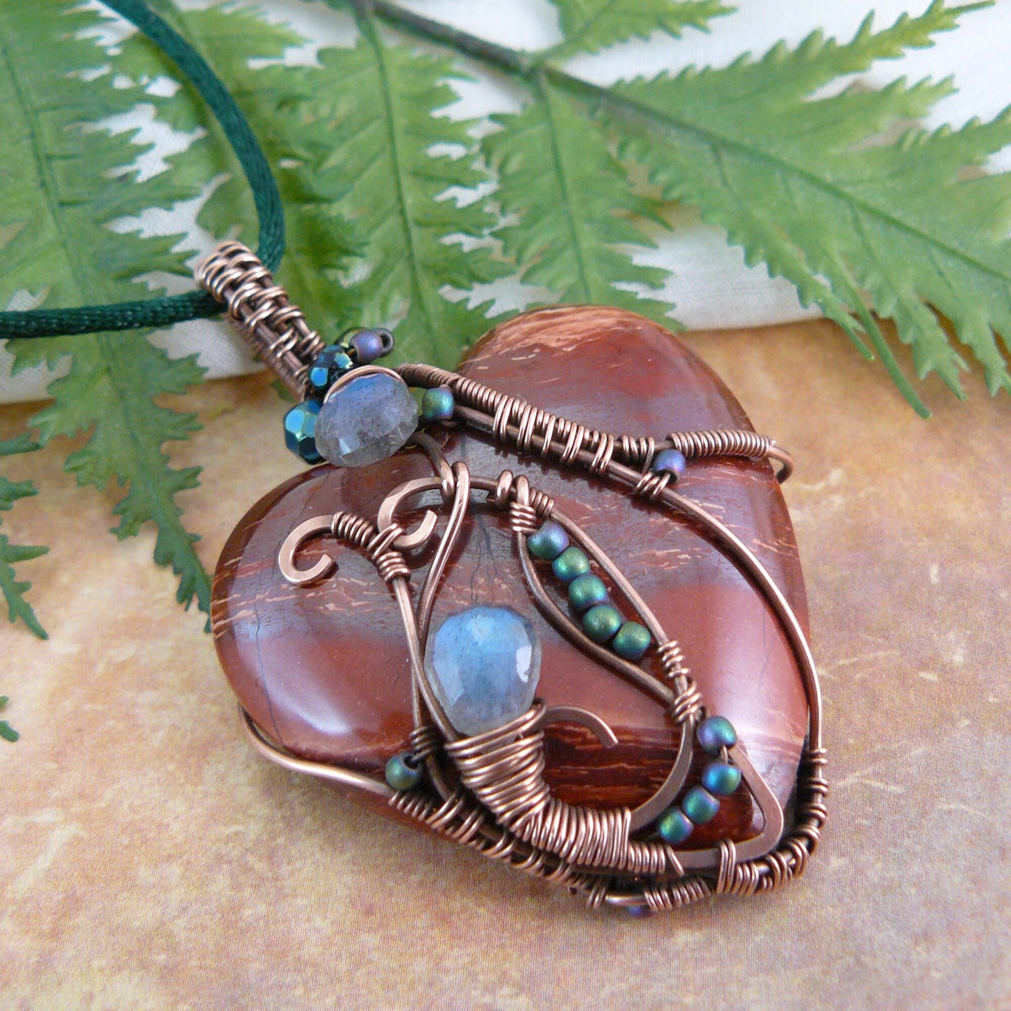 Arizona Snakeskin Jasper and Labradorite Copper Wire Wrapped Romantic Art Nouveau Style Heart Pendant