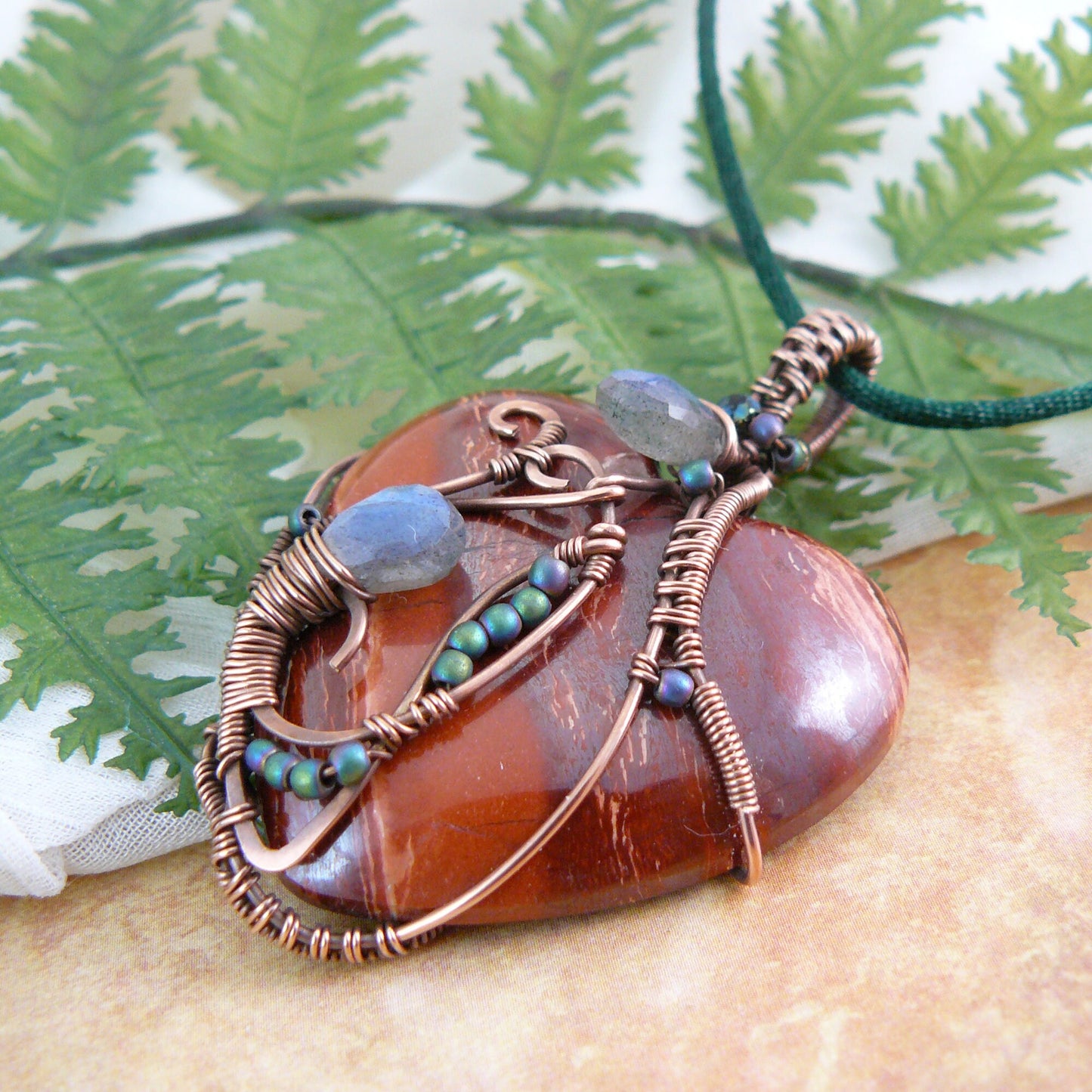 Arizona Snakeskin Jasper and Labradorite Copper Wire Wrapped Romantic Art Nouveau Style Heart Pendant