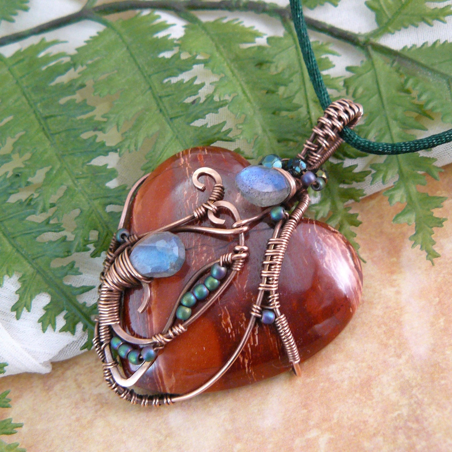 Arizona Snakeskin Jasper and Labradorite Copper Wire Wrapped Romantic Art Nouveau Style Heart Pendant