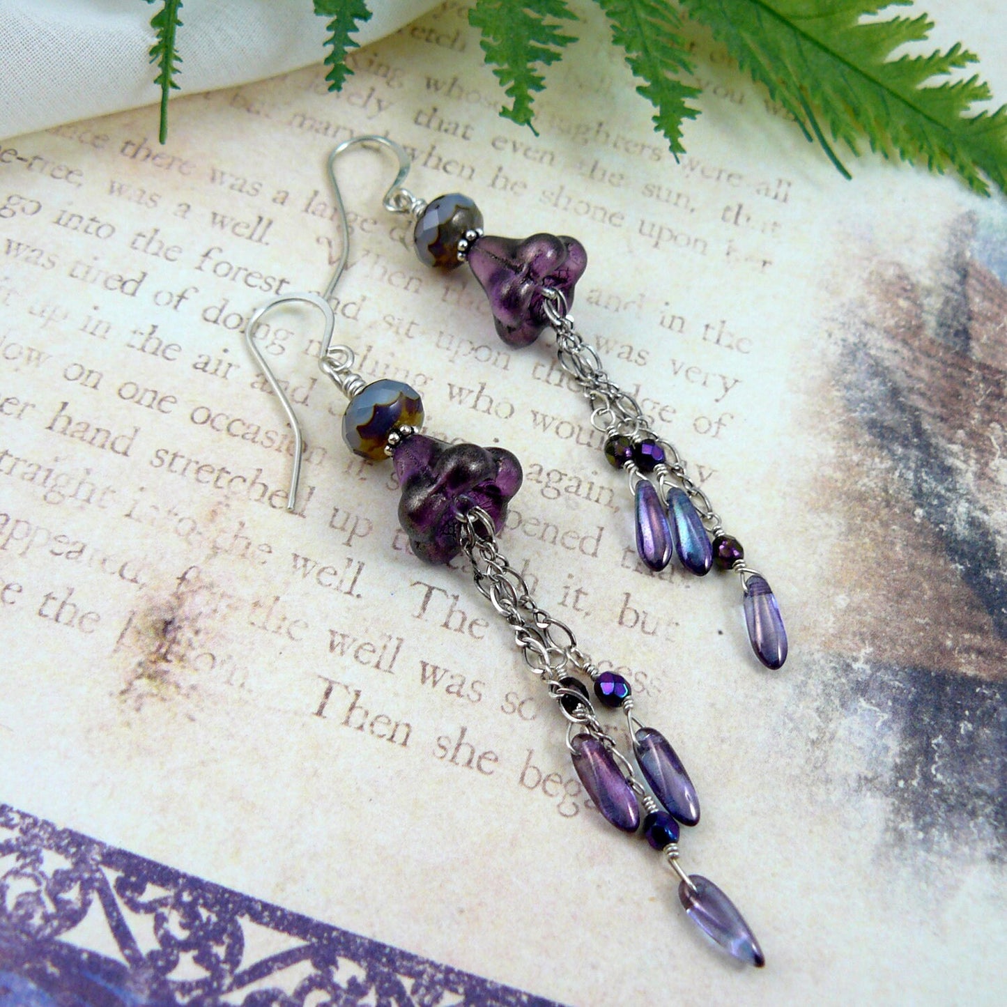 Czech Glass Bell Flower Bead and Dagger Waterfall Cascade Dangle Earrings