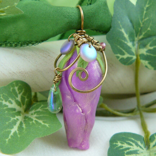 Violet Pink Polymer Clay Wire Wrapped Hibiscus Bud Pendant