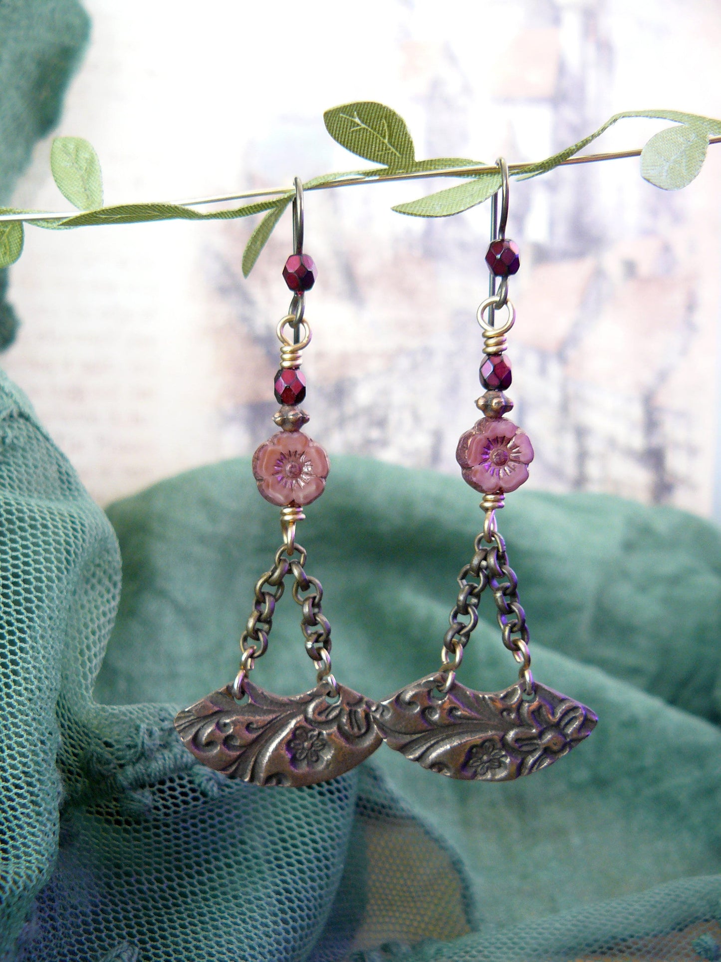 Cherry Blossom Fan Bronze Dangle Earrings