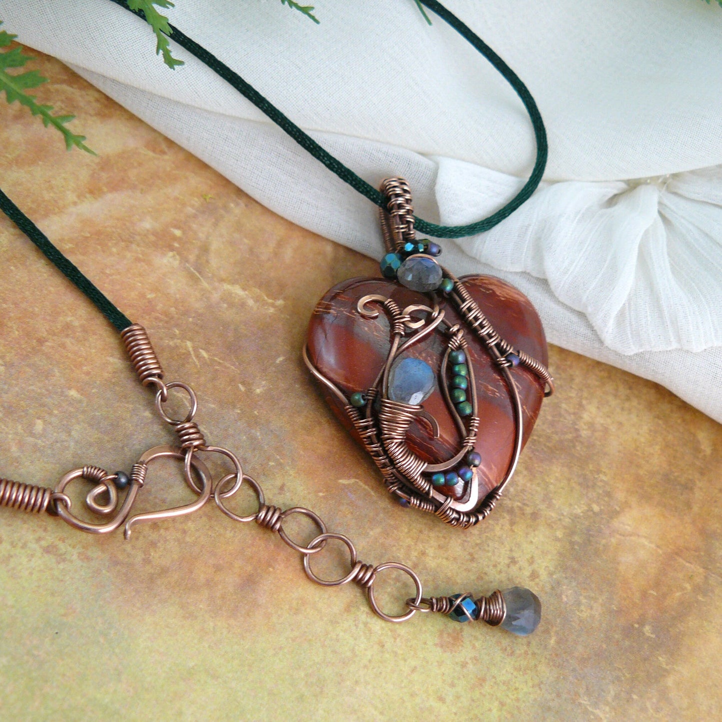 Arizona Snakeskin Jasper and Labradorite Copper Wire Wrapped Romantic Art Nouveau Style Heart Pendant