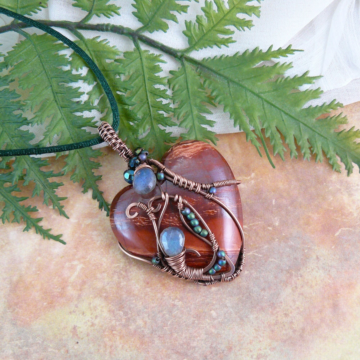 Arizona Snakeskin Jasper and Labradorite Copper Wire Wrapped Romantic Art Nouveau Style Heart Pendant