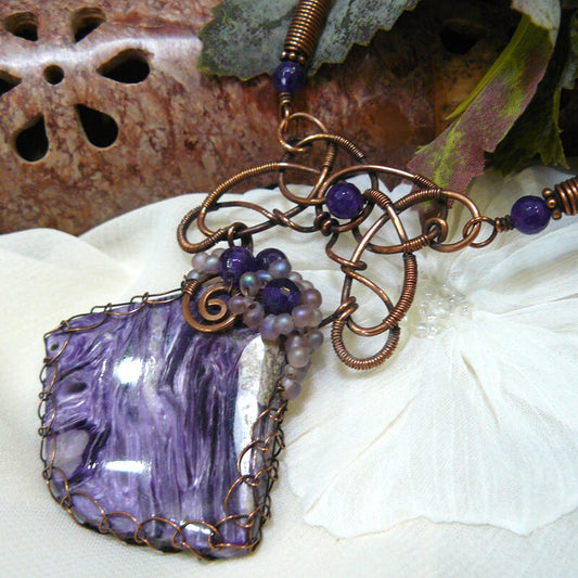 Royal Purple Charoite and Copper Wire Wrap Viking Knit Statement Necklace