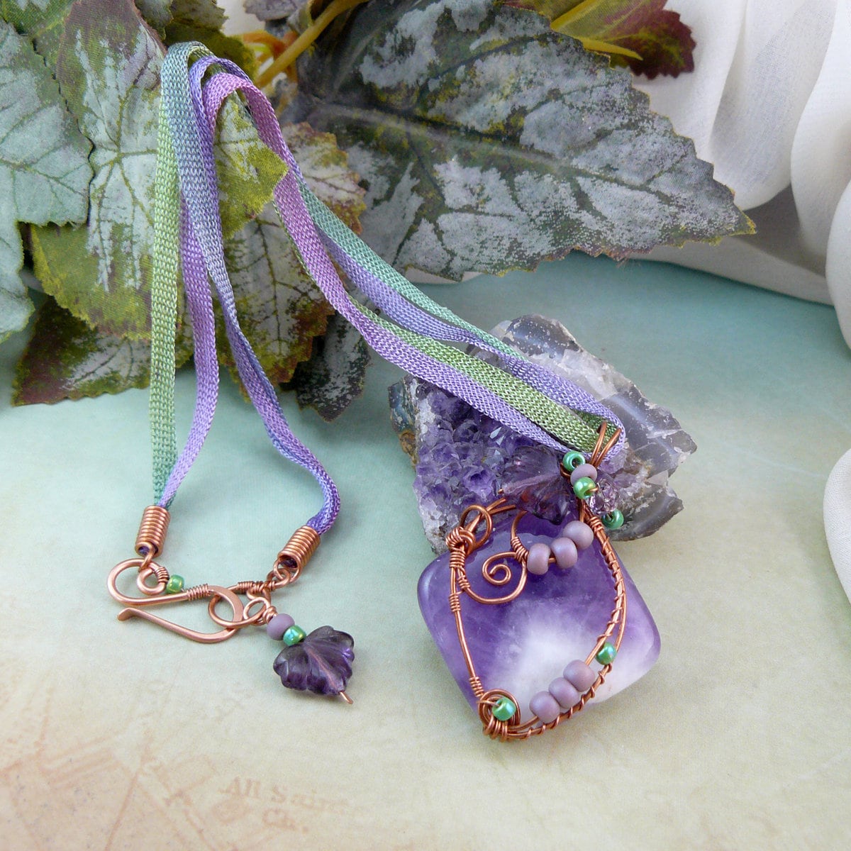 Copper Wire Wrapped Chevron Amethyst Pendant with Czech Glass Leaf Detail