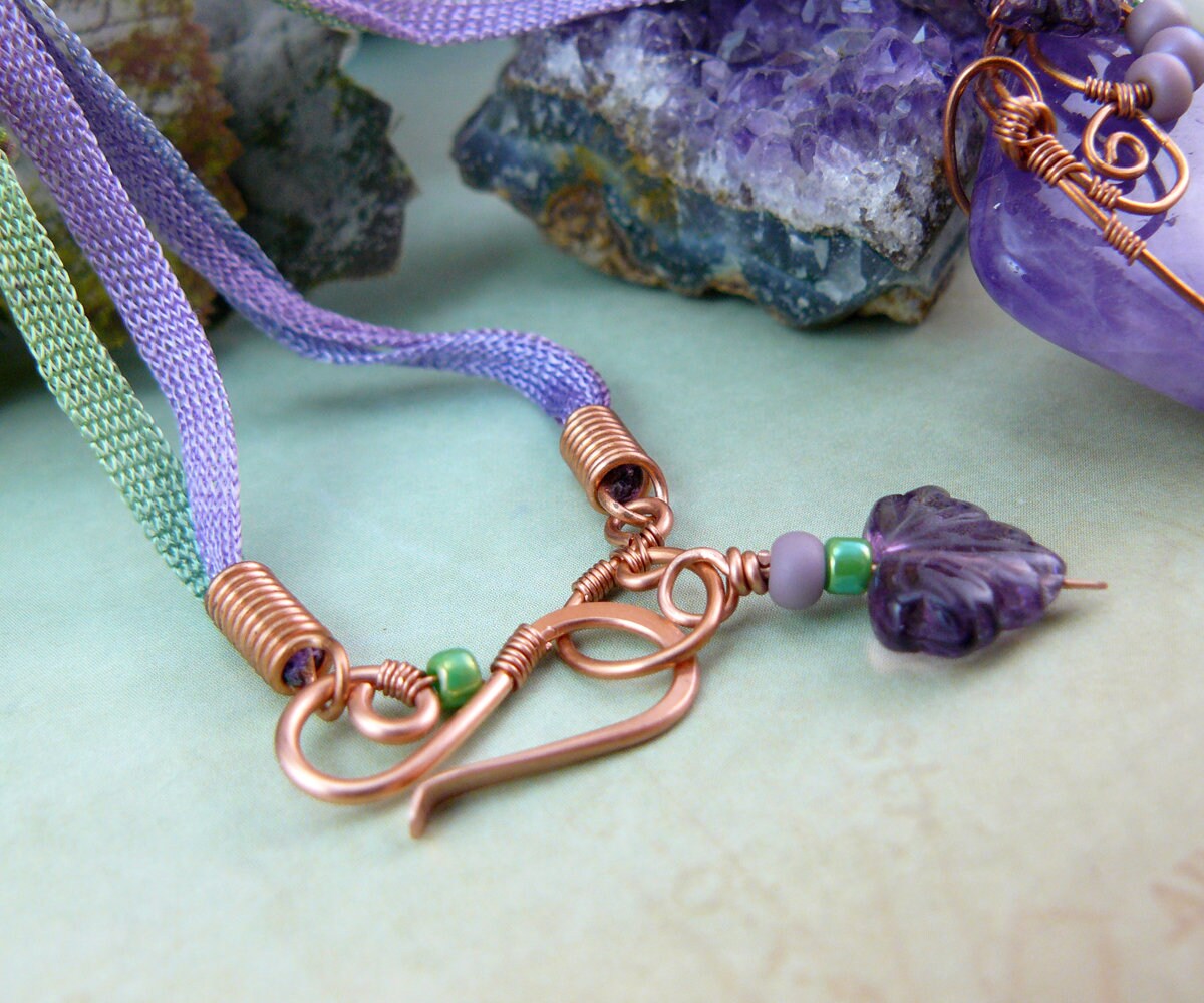 Copper Wire Wrapped Chevron Amethyst Pendant with Czech Glass Leaf Detail